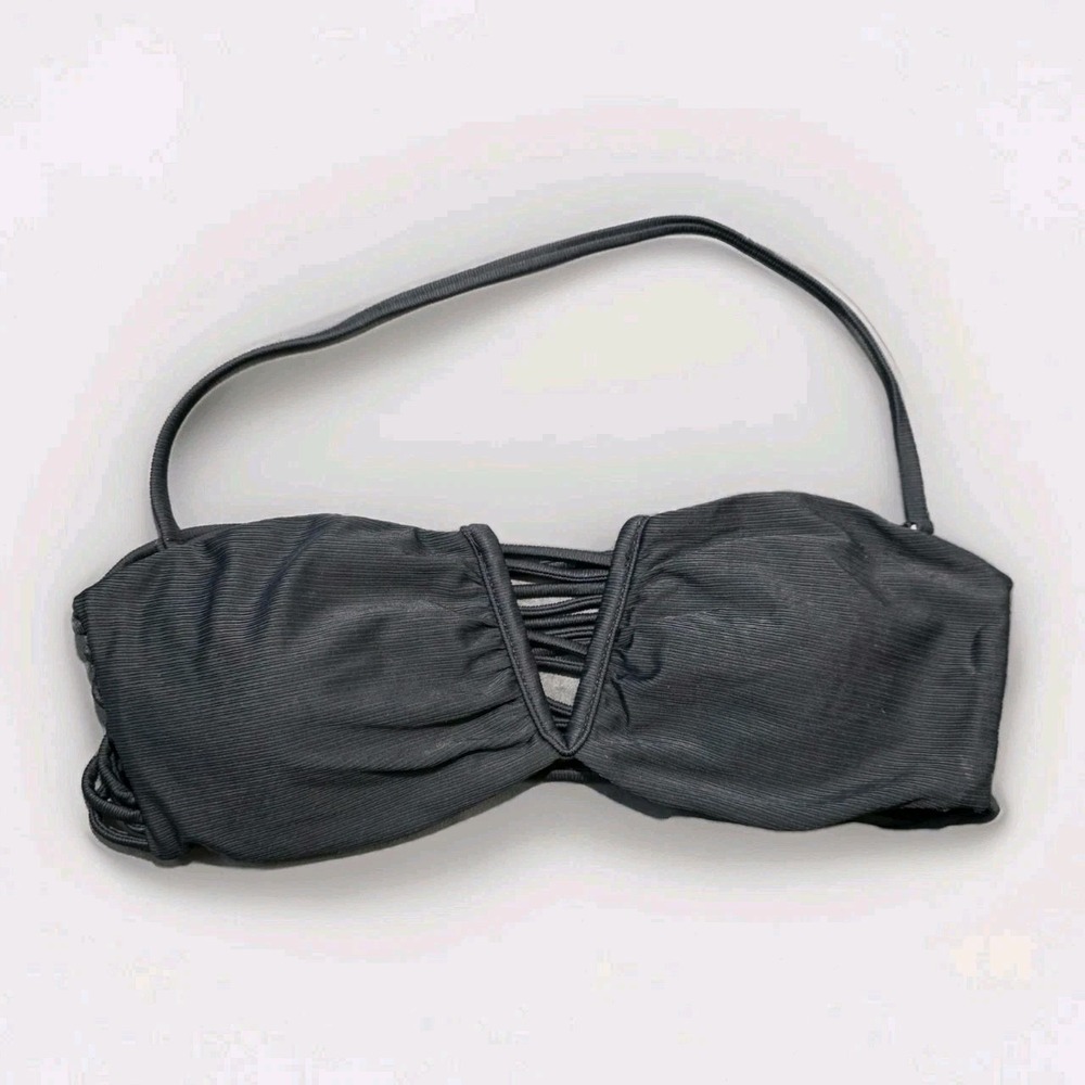 Cape Juby Womens Black Ribbed Bandeau Bikini Top Strappy Halter Large